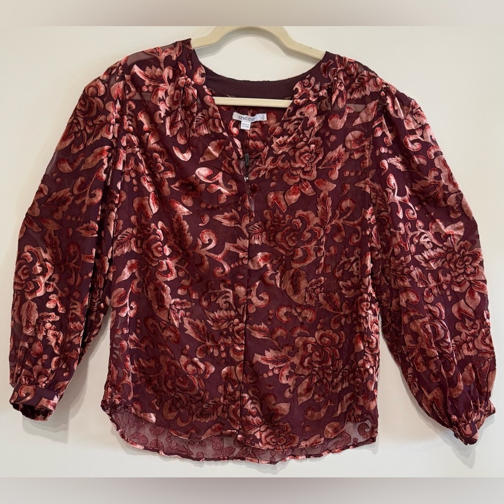 NEW Chico’s Floral Velvet Burnout Button Down Sheer Blouse Deep Raisin